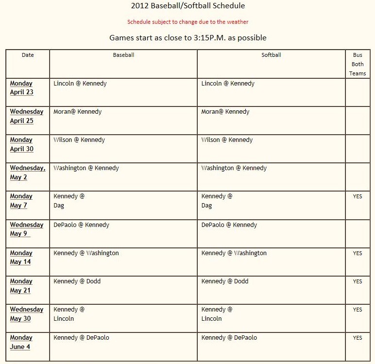 Kennedy Girls Softball and Boys Baseball 2012 Schedule